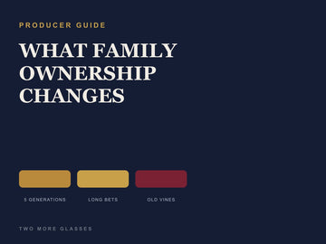 Dark navy cover titled "WHAT FAMILY OWNERSHIP CHANGES" with colour swatches, Two More Glasses producer guide article