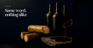 Three dark unlabelled bottles with cut sugarcane and pouring molasses — Same word, nothing alike