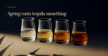 Four glasses of tequila deepening from clear to dark amber under agave shadow — Ageing costs tequila something