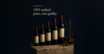 Five Bordeaux bottles lined up by height on a stone ledge, foil capsules blank, a brass scale and loose coins beside them — 1855 ranked price, not quality