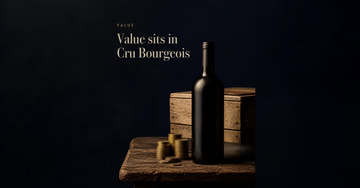 A modest unlabelled Bordeaux bottle stands beside a stack of coins and a plain wooden crate on a rustic table — Value sits in Cru Bourgeois