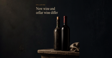 Two unlabelled Bordeaux bottles rest together, one dusty with an aged cork half drawn, the other freshly capsuled — Now wine and cellar wine differ