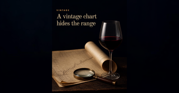 A folded paper chart with faded grid lines curls beside a glass of deep red wine and a magnifying glass — A vintage chart hides the range