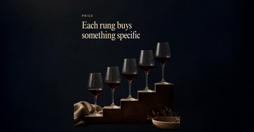 Five identical wine glasses stand in ascending height on a wooden riser, each holding a different depth of red wine — Each rung buys something specific