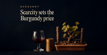 A small wine glass sits beside a narrow stack of gold coins and a tiny fenced patch of vineyard soil in a terracotta tray — Scarcity sets the Burgundy price