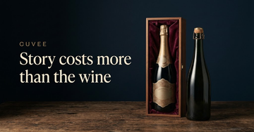 A single ornate Champagne bottle in a velvet lined presentation box beside a plain unmarked bottle without packaging — Story costs more than the wine