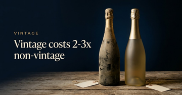 One dust covered Champagne bottle beside a newer clean bottle of the same shape, two blank price tags turned face down — Vintage costs two to three times non-vintage