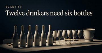 Six wine bottles standing in a row beside twelve empty glasses arranged in two lines on a long table — Twelve drinkers need six bottles
