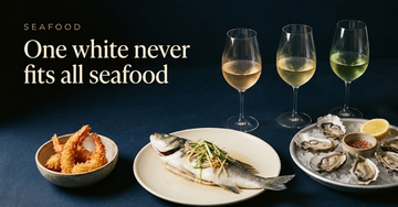 A whole steamed fish on a plain plate, a dish of fried prawns, raw oysters on ice, and three glasses each holding a different white wine — One white never fits all seafood