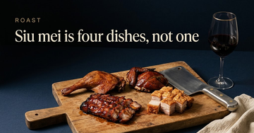 A roast goose leg, glazed char siu strips, a soy sauce chicken and cubes of crispy roast pork belly on a chopping board — Siu mei is four dishes, not one