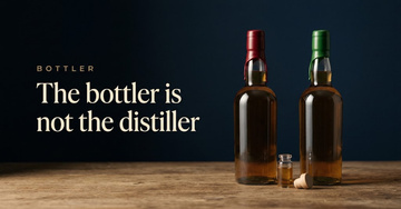 Two plain whisky bottles of the same shape side by side, one sealed in red wax and one in green, a cask sample vial between them — The bottler is not the distiller