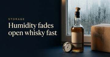 An opened whisky bottle beside a small humidity gauge, condensation fogging a nearby windowpane — Humidity fades open whisky fast