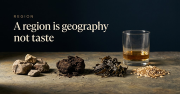 Rough stones, a clump of dark peat, dried sea kelp and loose grain husks in separate small piles beside a whisky glass — A region is geography not taste