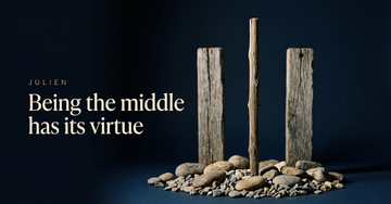 A single vine stake centred between two weathered fence posts, gravel and river stones scattered beneath in soft grey light — Being the middle has its virtue
