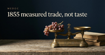 An antique brass scale balancing a cluster of grapes against a stack of ledgers, a quill and inkwell on a worn counter — 1855 measured trade, not taste
