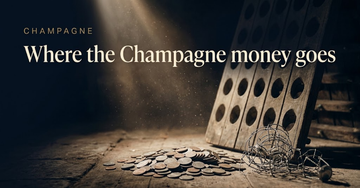 A pile of coins beside an empty riddling rack and a coil of wire muselet cages, dust motes in a shaft of cellar light — Where the Champagne money goes
