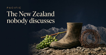 A weathered gumboot resting in stony river silt beside a cluster of unripe grapes and a coil of trellis wire — The New Zealand nobody discusses