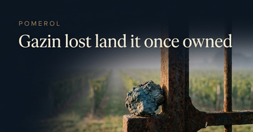 A clump of blue clay soil against a rusted iron gate post, Pomerol vine rows dissolving into morning mist — Gazin lost land it once owned