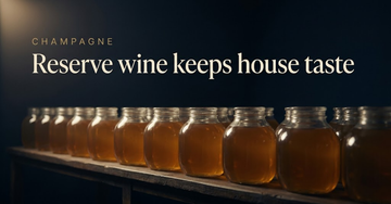 Rows of identical glass demijohns holding amber reserve wine along a dim cellar shelf, uniform tone across every jar — Reserve wine keeps house taste