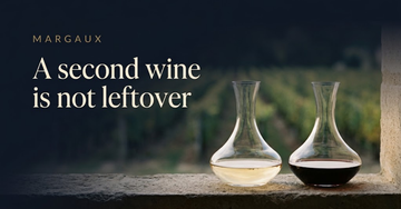 Two decanters of differing wine colour on a stone sill, one noticeably paler, Margaux vine rows blurred beyond — A second wine is not leftover