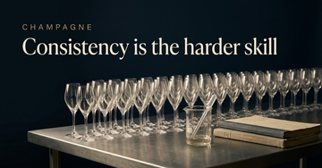 Dozens of identical Champagne glasses lined in rows on a steel tasting bench, a blending beaker and pipette beside stacked ledgers — Consistency is the harder skill
