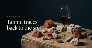 Iron rich clay and limestone chunks scattered across a wooden crate, a glass of dark red wine casting a long shadow — Tannin traces back to the soil