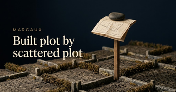 A patchwork of small vineyard parcels divided by low stone markers and hedgerows, a folded hand drawn plot map weighted on a post — Built plot by scattered plot