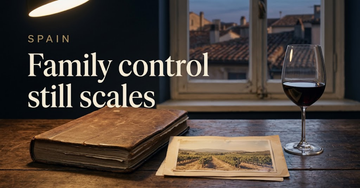 A worn leather ledger and an old vineyard photograph on a wooden desk beside a glass of deep red wine — Family control still scales