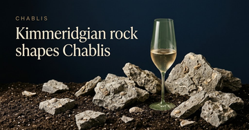 Fossil flecked grey limestone fragments with tiny oyster shell imprints scattered on dark soil beside a pale tinted glass of white wine — Kimmeridgian rock shapes Chablis