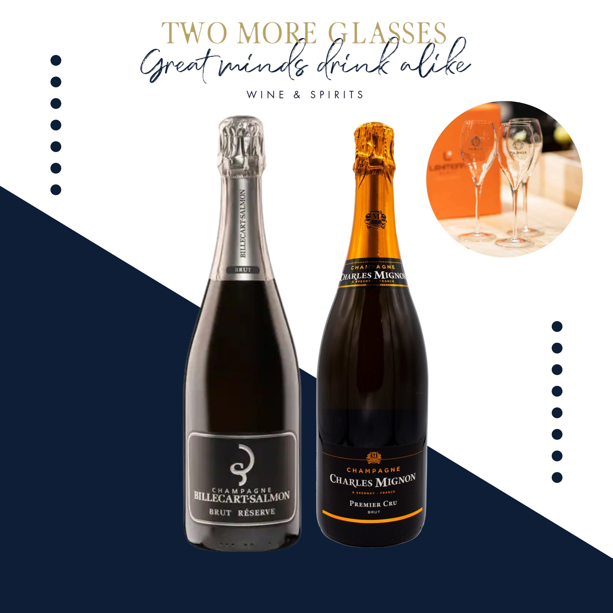 3 Billecart Salmon Brut Reserve Champagne NV x 3 Charles Mignon Premium Reserve Brut Premier Cru N.V. with 2 champagne fluet set (6x75cl)
