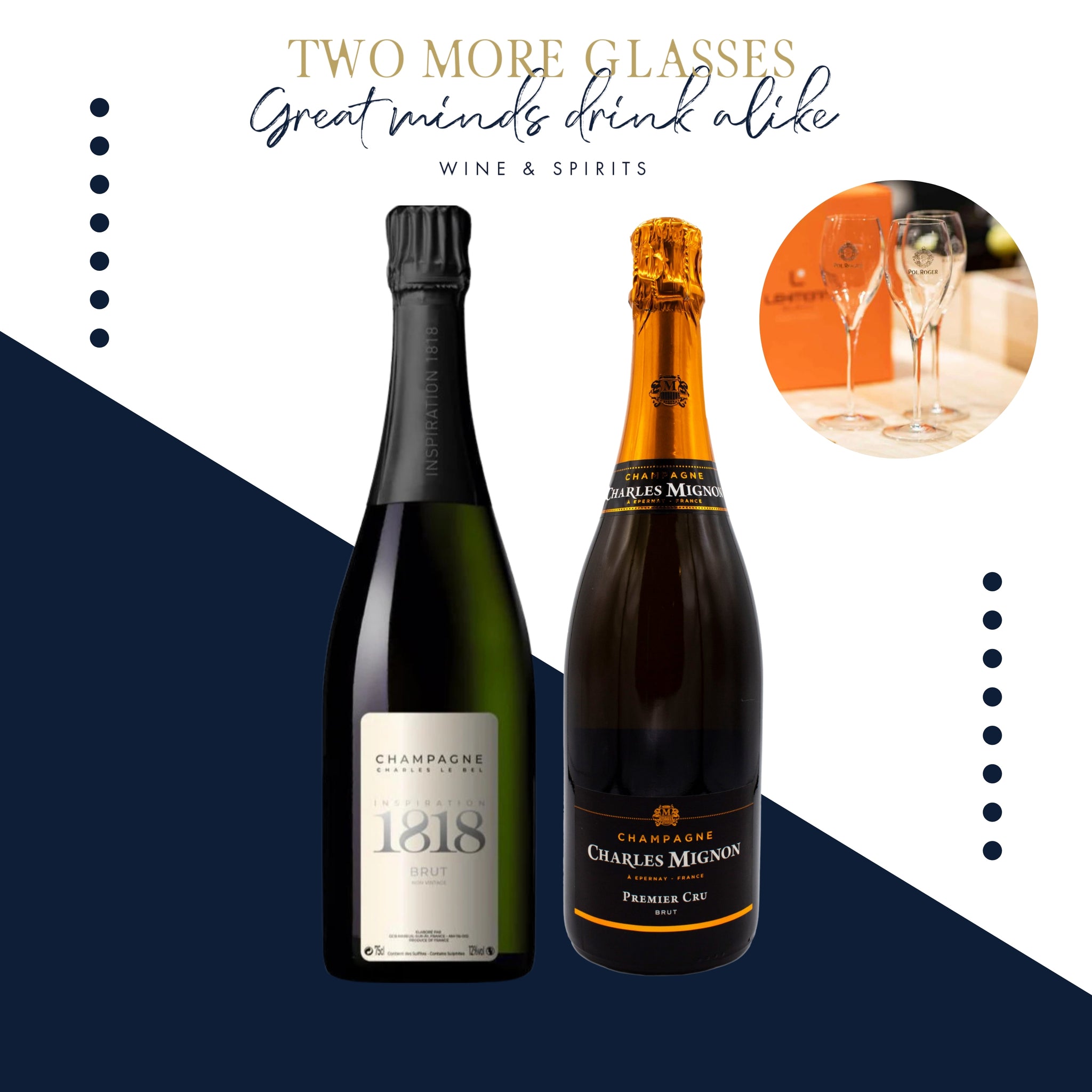 3 Champagne Charles Le Bel 1818 Brut NV x 3 Charles Mignon Premium Reserve Brut Premier Cru N.V. with 2 champagne fluet set (6x75cl)