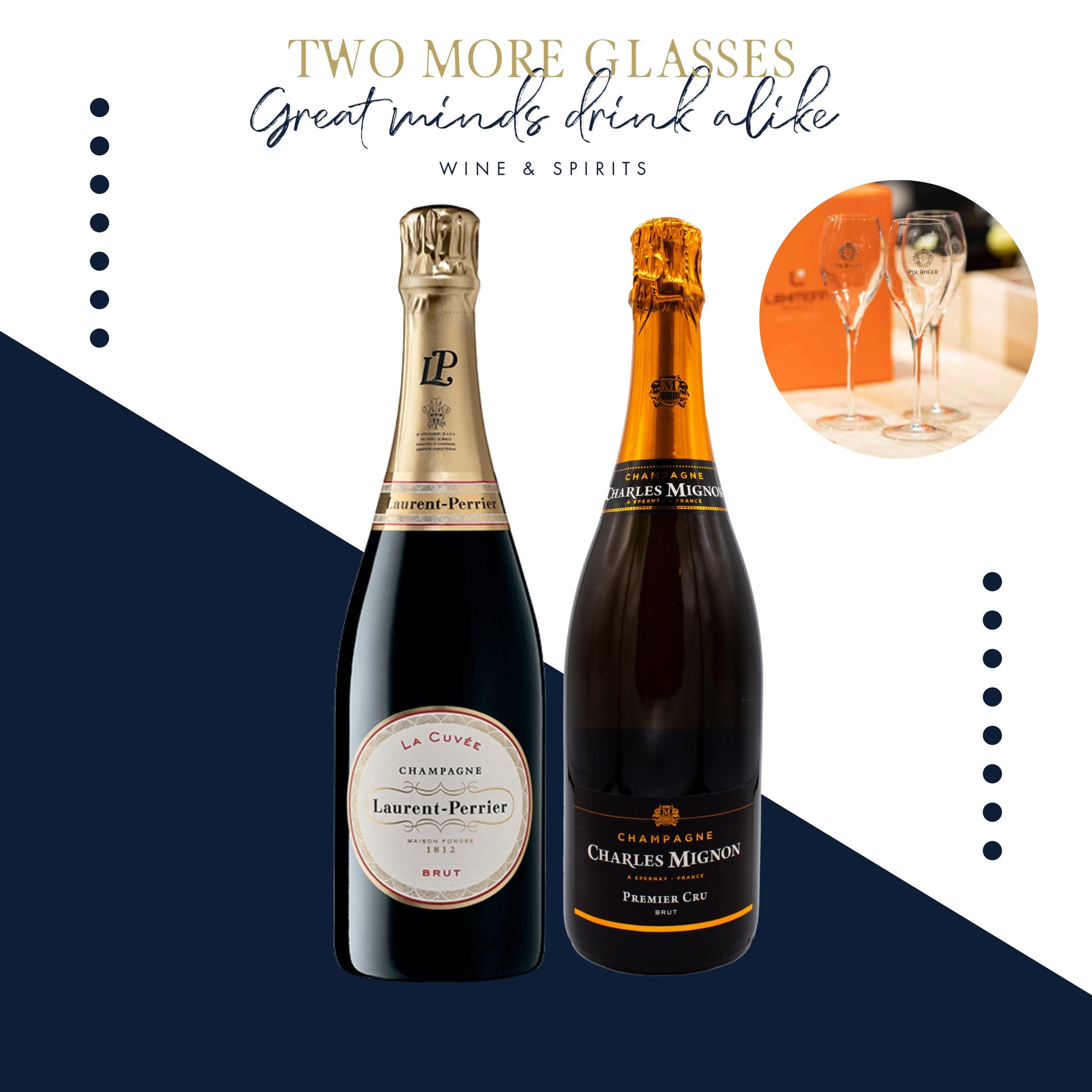 3 Laurent Perrier Brut NV x 3 Charles Mignon Premium Reserve Brut Premier Cru N.V. with 2 champagne fluet set (6x75cl)