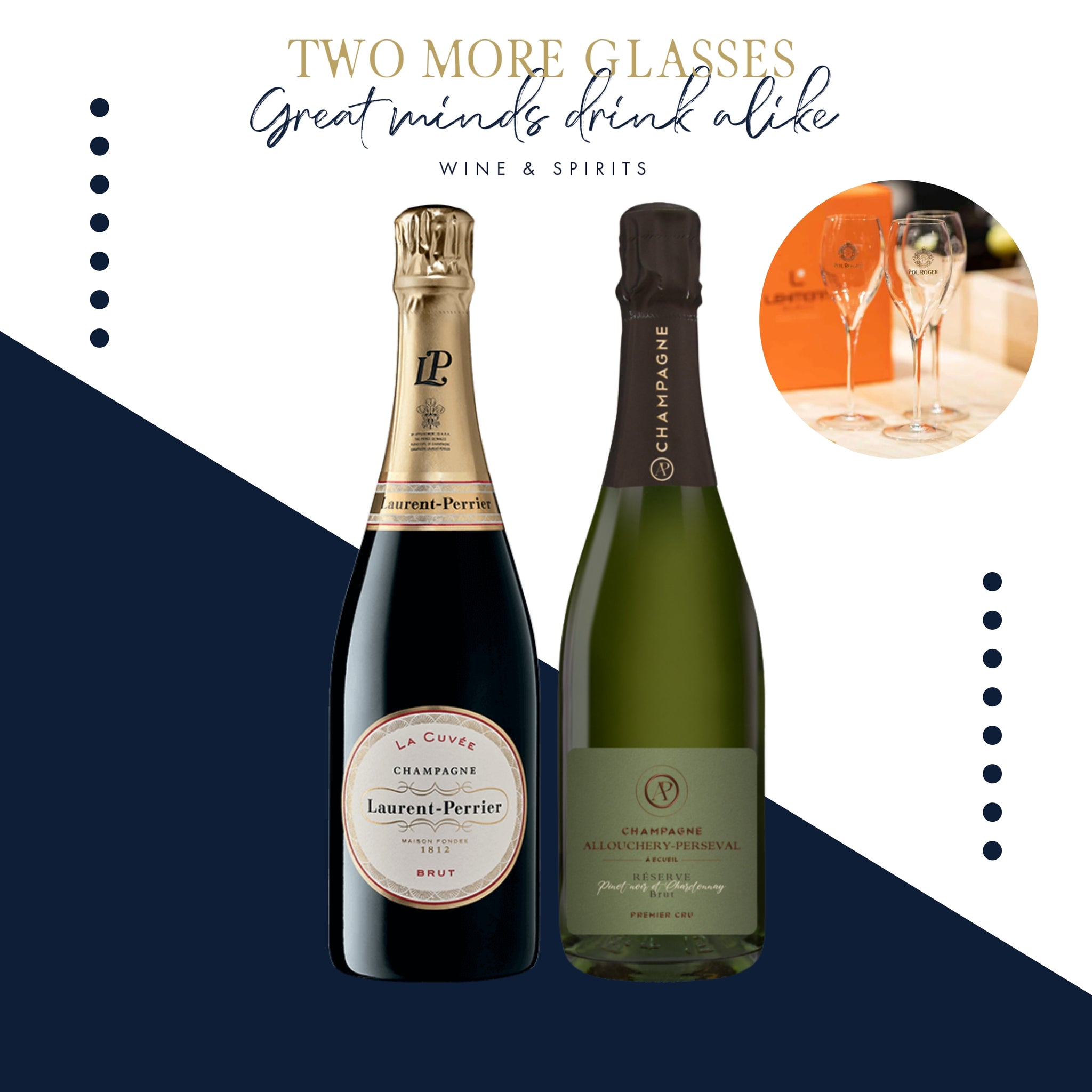3 Laurent Perrier Brut NV x 3 Allouchery Perseval Champagne 1er Cru La Reserve Brut with 2 champagne fluet set (6x75cl)