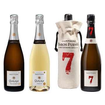 Baron-Fuenté Quinconce Blanc de Blancs, Quinconce Grand Cru and Cuvée 7 with its drawstring pouch, 3 bottles