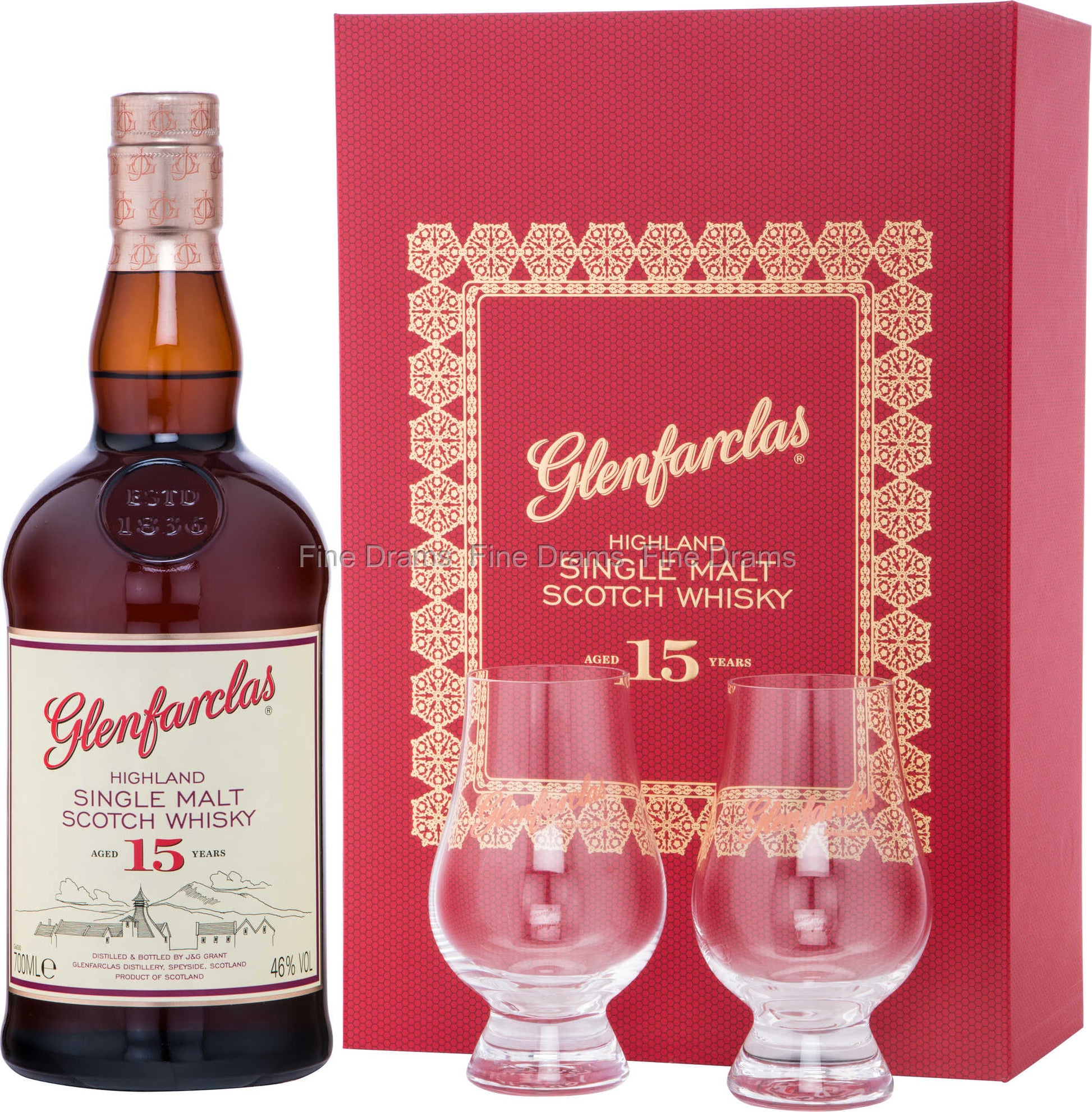 Glenfarclas 15 Year Old Gift Pack w/ 2 x Branded Glencairn Whisky Glass (1x70cl) TwoMoreGlasses.com- Two More Glasses