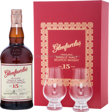 Glenfarclas 15 Year Old Gift Pack w/ 2 x Branded Glencairn Whisky Glass (1x70cl) TwoMoreGlasses.com- Two More Glasses