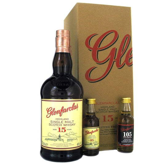 Glenfarclas 15 Year Old Tasting Pack w/ 2 x 5cl Miniature (105 Cask Strength & 25 Year Old) (1x70cl) TwoMoreGlasses.com- Two More Glasses