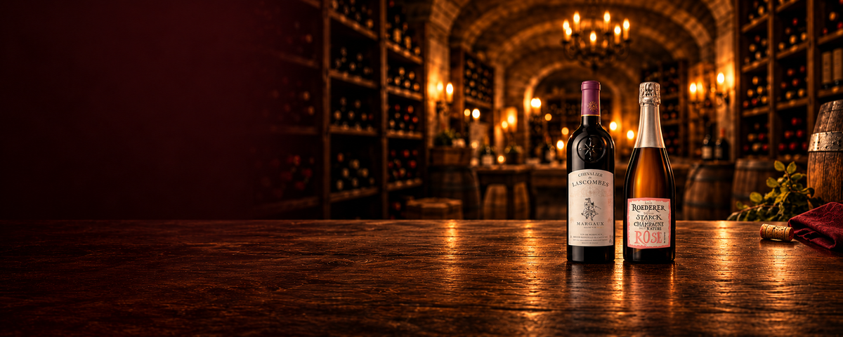 Older vintage wine bottles in a warm wooden cellar