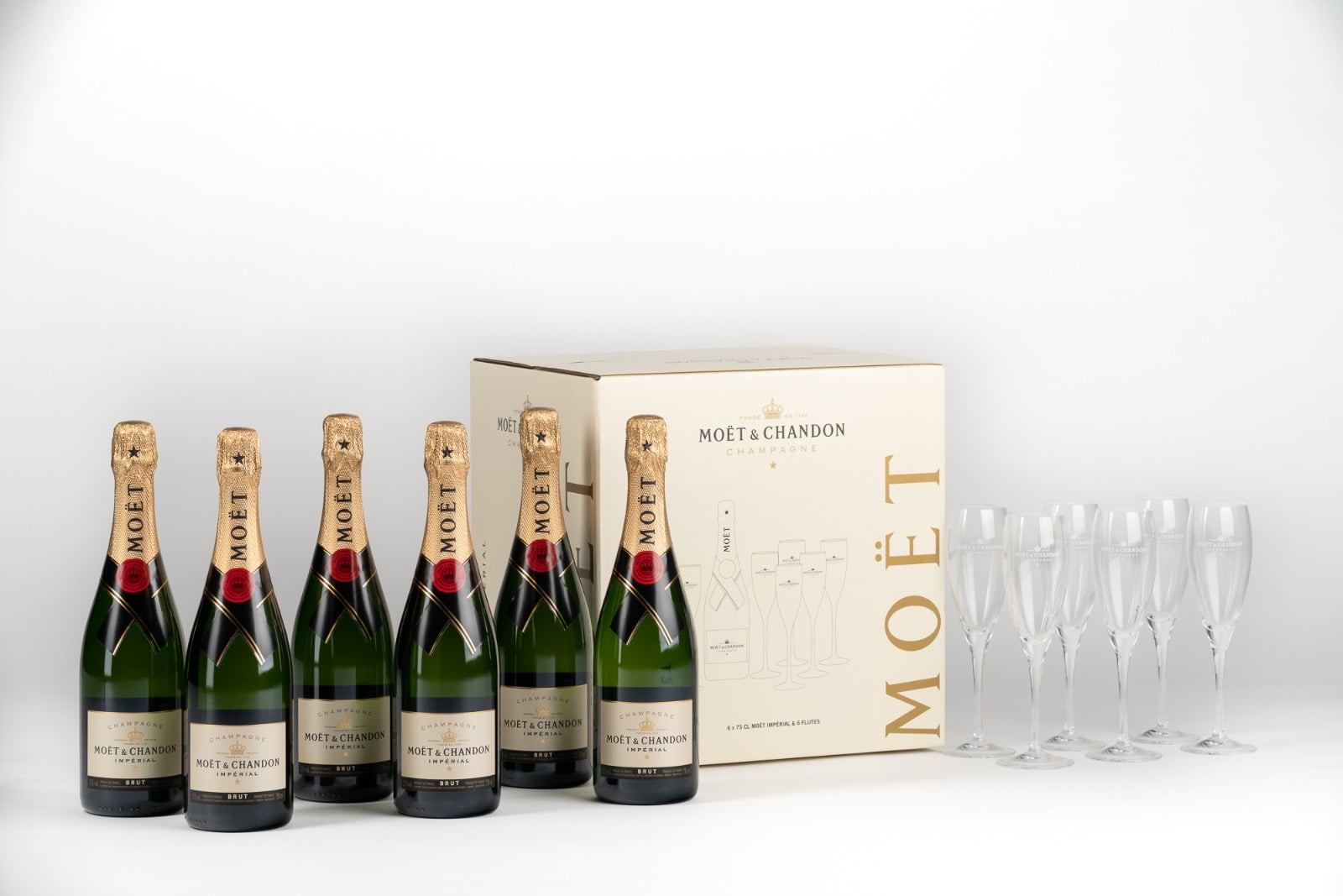 Moet &amp; Chandon Imperial Brut Party Set 6 Bottles + 6 Flutes - TwoMoreGlasses.com