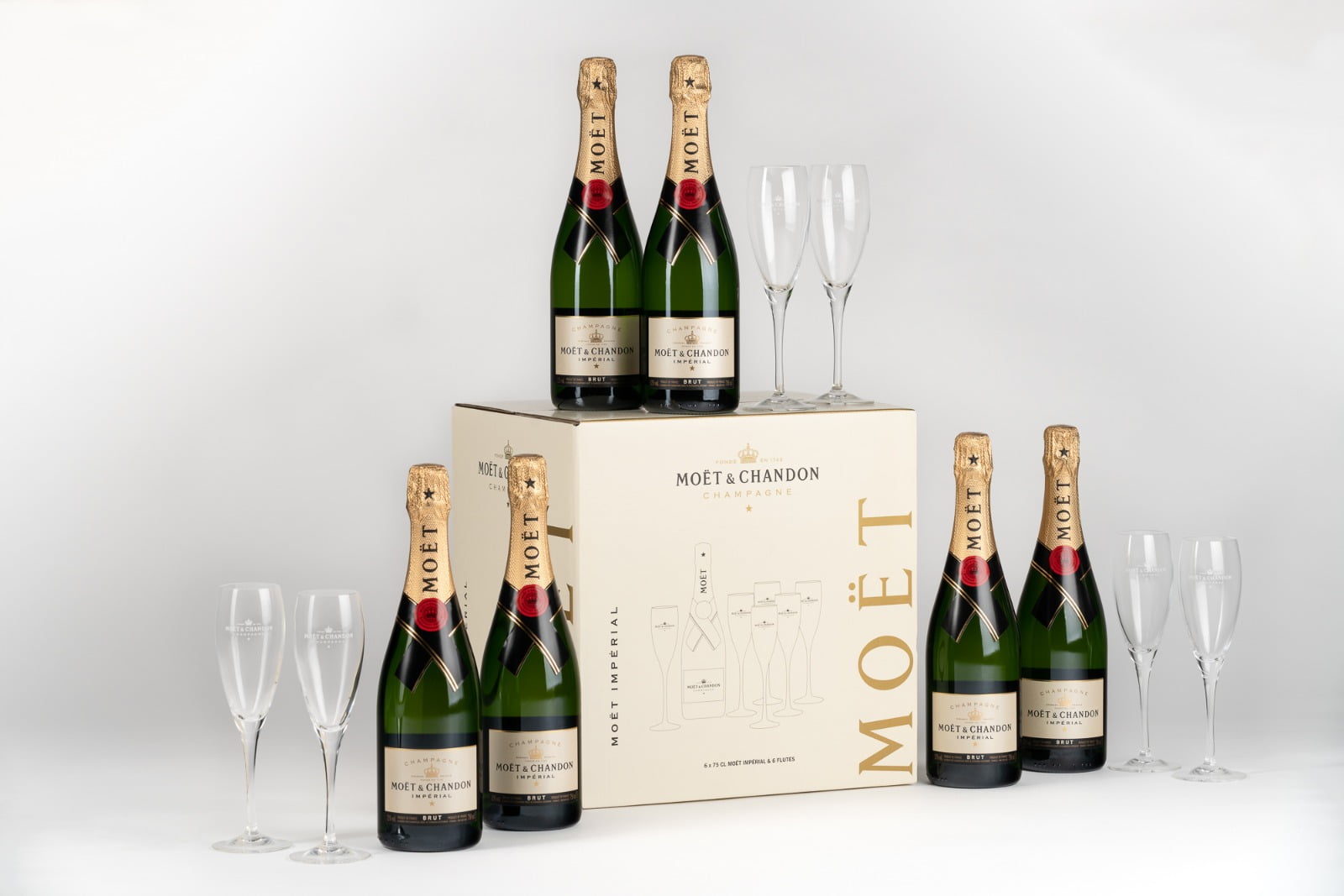 Moet &amp; Chandon Imperial Brut Party Set 6 Bottles + 6 Flutes - TwoMoreGlasses.com