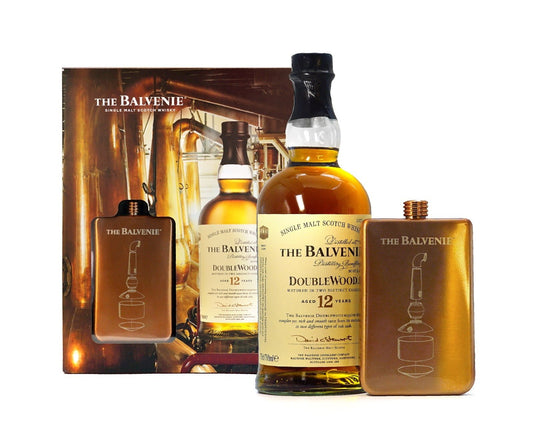 The Balvenie DoubleWood Aged 12 Years Single Malt Scotch Whisky - Gift Set (Stainless Steel Whiskey Bottle) (New Version) (1x70cl) - TwoMoreGlasses.com
