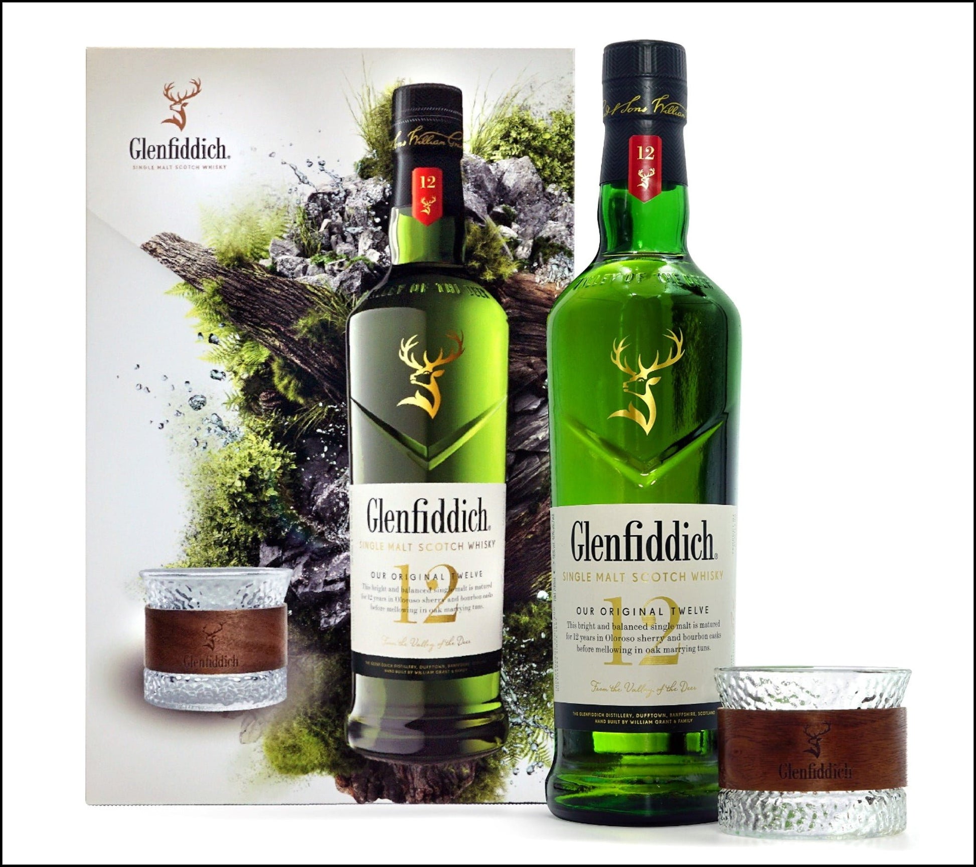 Glenfiddich 12 Year Old Single Malt Whisky Gift Set (with Glasses) (1x70cl) - TwoMoreGlasses.com