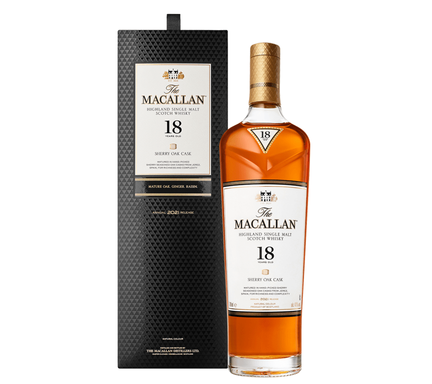 Macallan 18 Years Old Sherry Oak 2018 (1x70cl) (damaged label) - TwoMoreGlasses.com