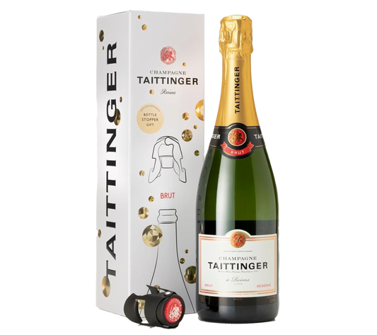 Taittinger Brut Reserve NV &amp; Bottle Stopper Gift Box Set (1x75cl) - TwoMoreGlasses.com