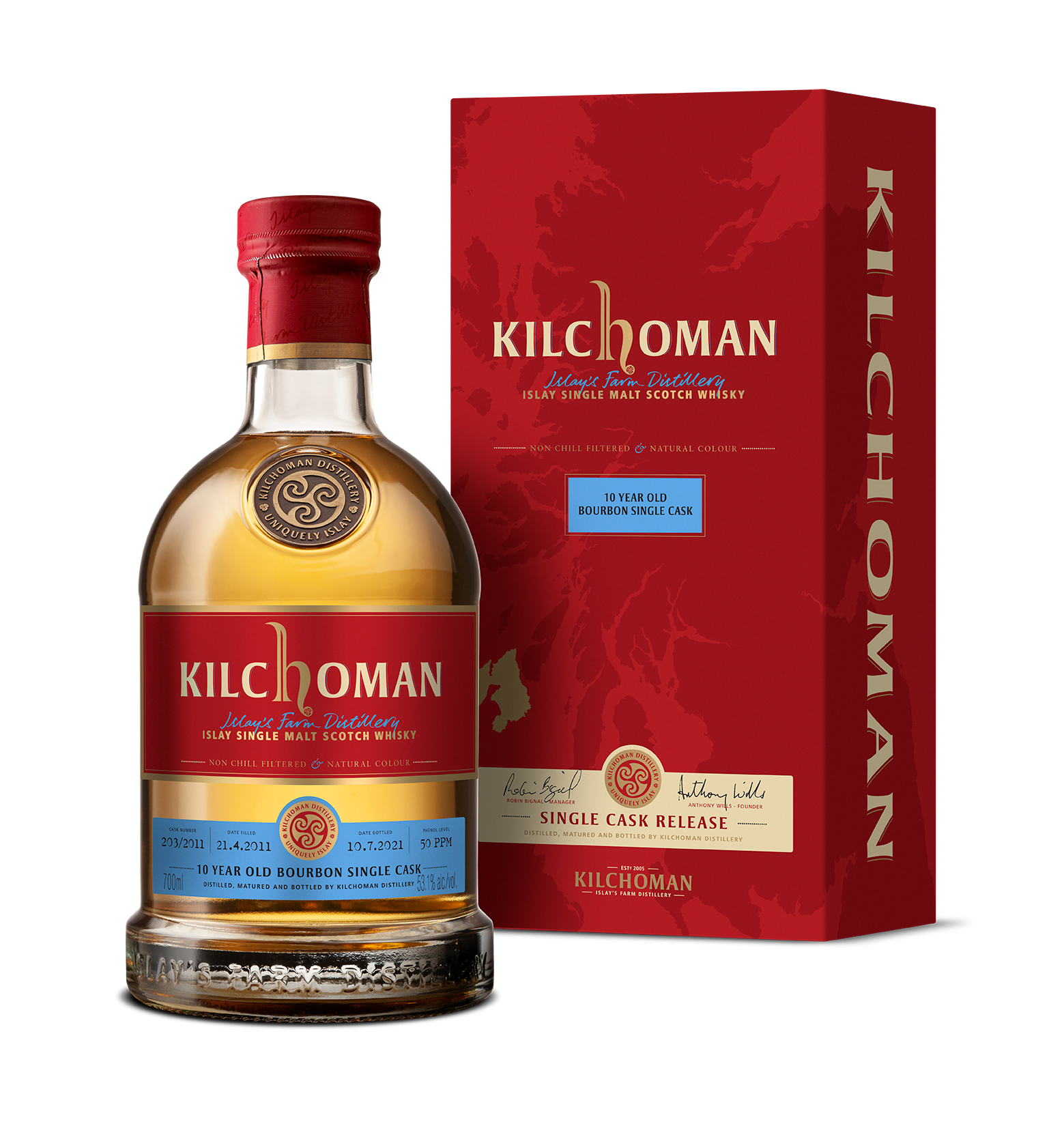 Kilchoman Bourbon Matured 10 Years Single Cask Whisky (1x70cl) - TwoMoreGlasses.com